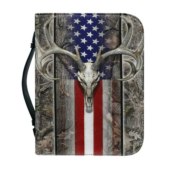 Xoenoiee Hunting Camo Antler US Flag Pattern Bible Covers for Women Men PU Leather Bible Case Bible Bag Tote Book Carrying Case Christian Bible Accessories with Handle, XL