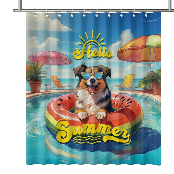 Hello Summer Australian Shepherd Pool Day on Watermelon Float Shower Curtain Aussie Dog Lover Gifts Waterproof Bathroom Bathtub Curtain - 13008