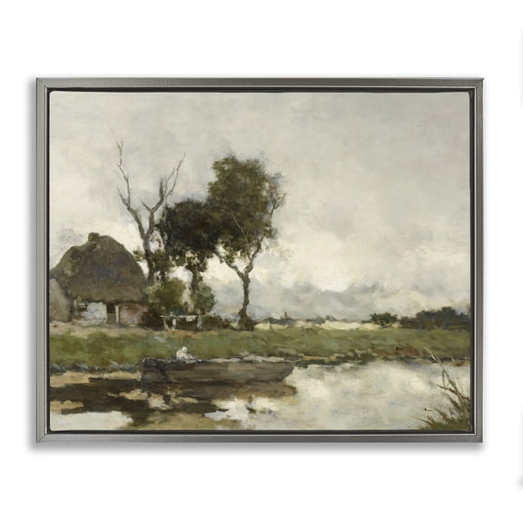 Stupell Industries Coastal Boat on River Classic Scene Gray Floating Frame Canvas Art, 31 x 25, by Lettered and Lined