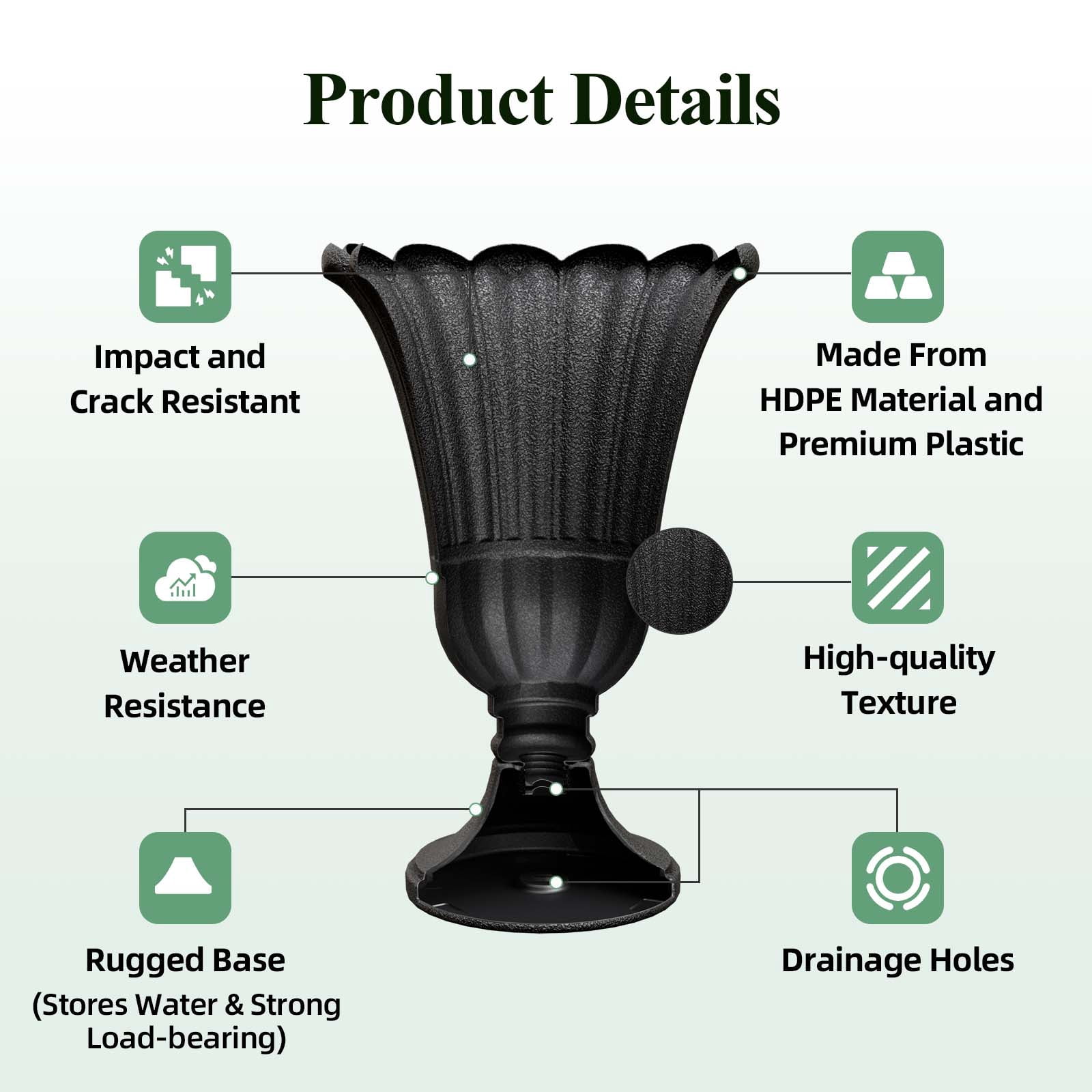 Chiccushion 23.6" Large Urn Planters for Outdoor Plants, Set of 2 Plastic Flower Pot for Wedding Party Bridal Shower Garden Patio Home Decor, Black