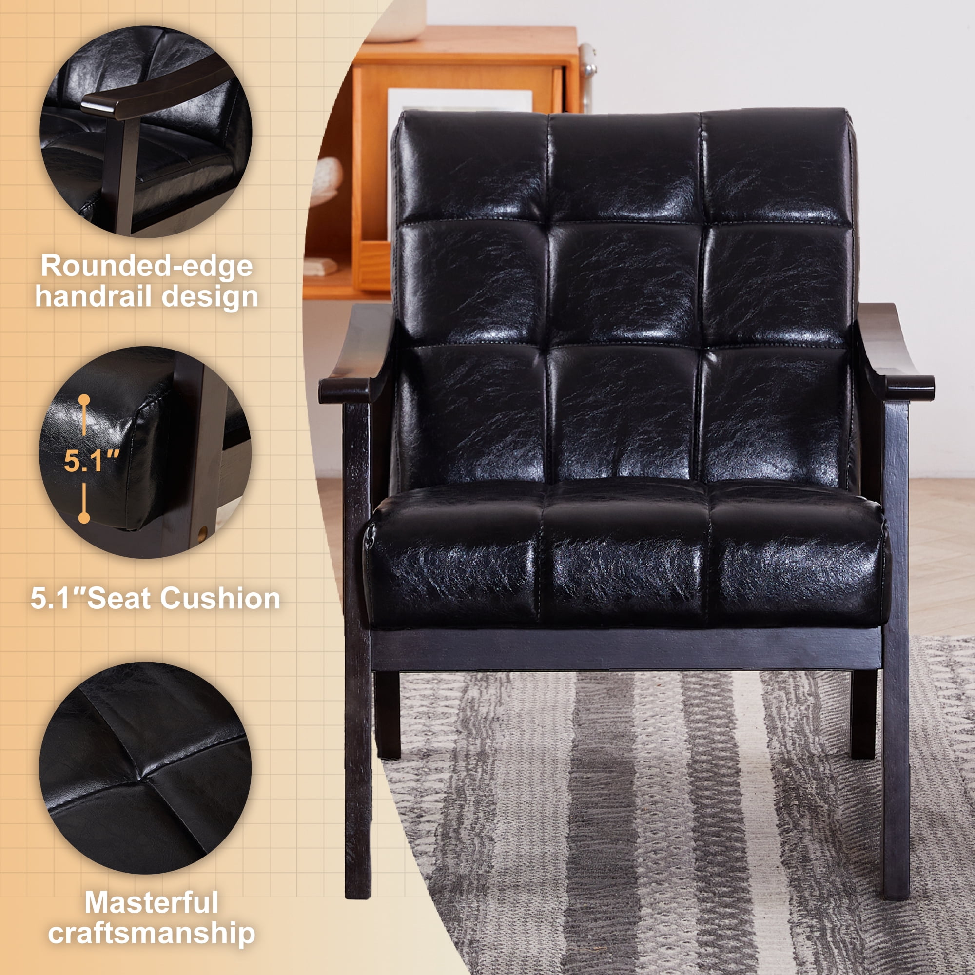 Modern Accent Chair, Mid-Century Living Room Chair, PU Leather Side Chair with High Back for Living Room, Black