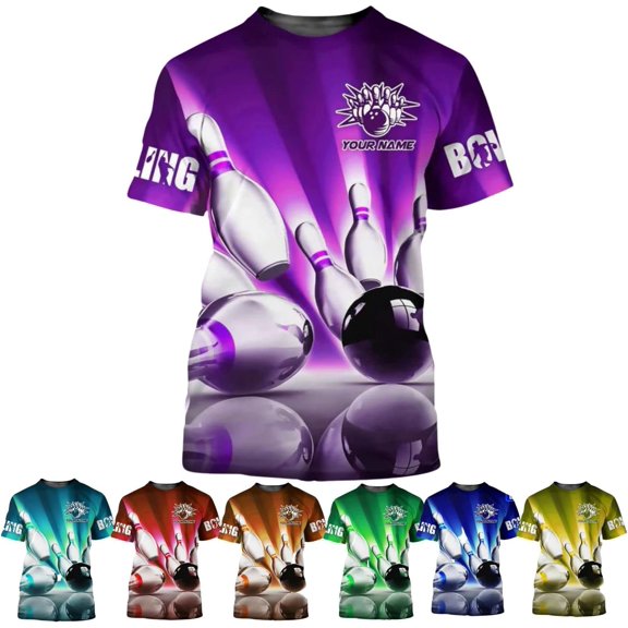 Personalized Bowling Shirts for Men and Women 3D, Bowling Shirts with Name, Custom Bowling Shirts Gift for Bowling Lover2 (Purple, S)
