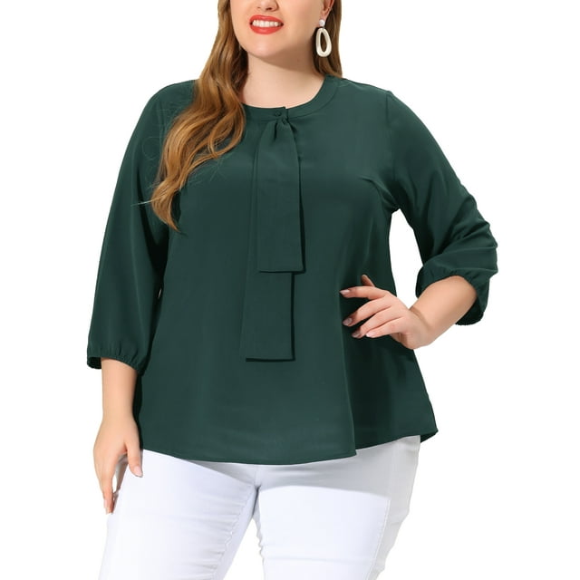 GRACE & GRANDEUR Women's Plus Size Round Neck Tie Front Ruffle Chiffon Work Blouses 2X Dark Green