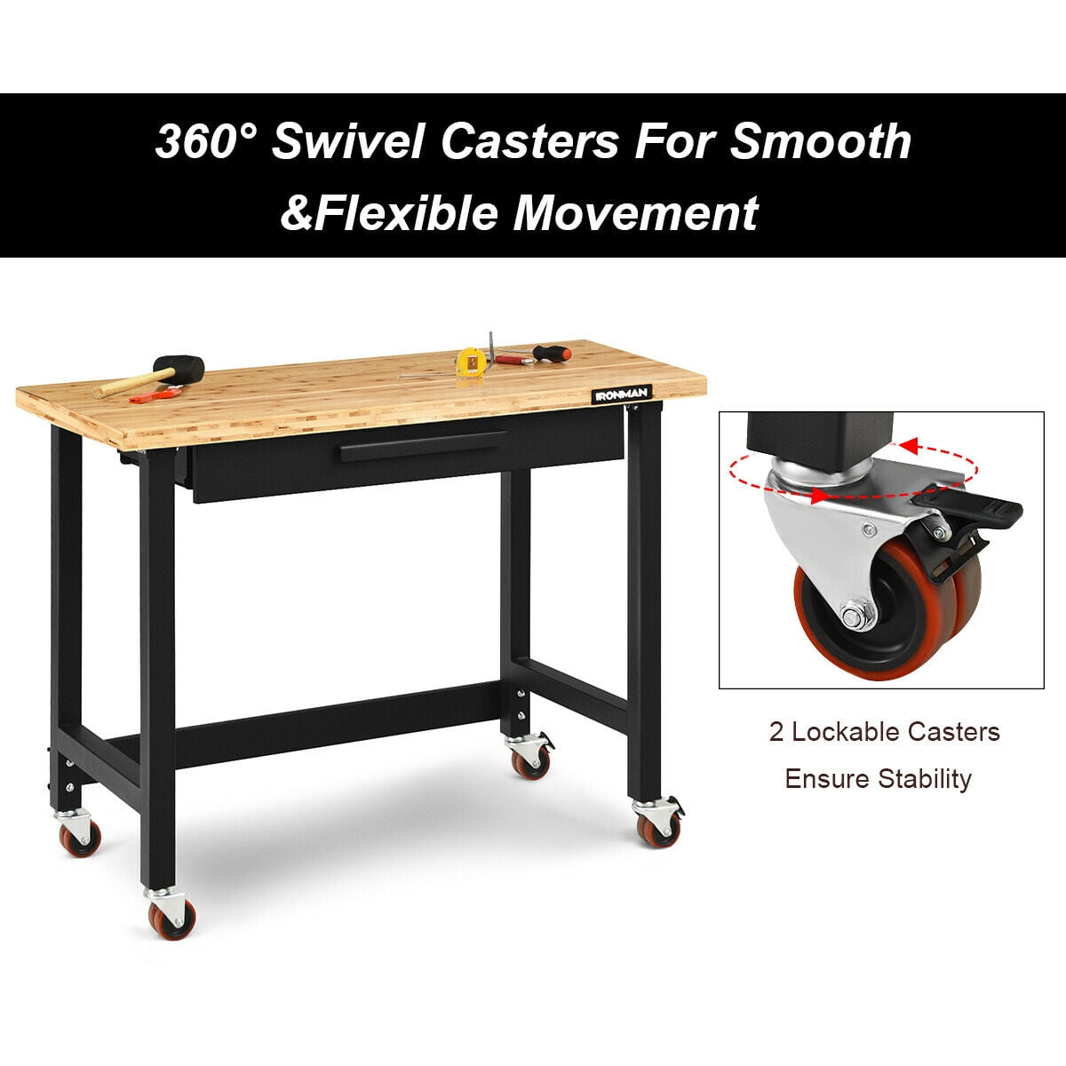 Gymax 48 Inch Mobile Garage Workbench Bamboo Top with Casters and
