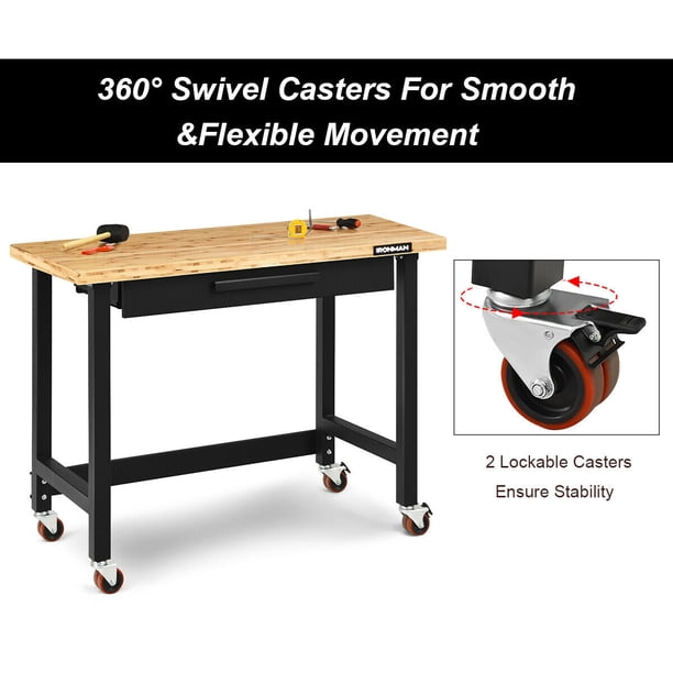Gymax 48 Inch Mobile Garage Workbench Bamboo Top with Casters and