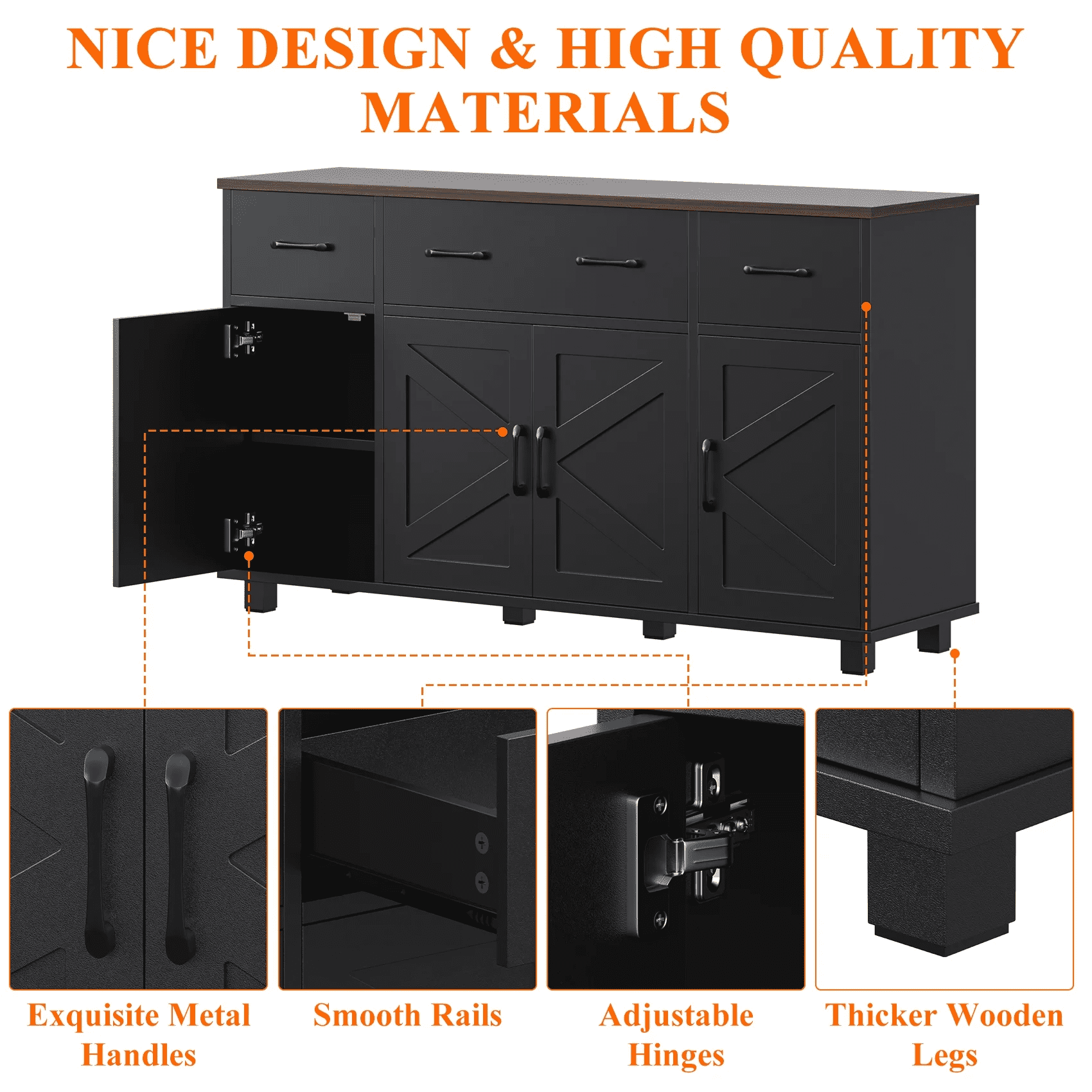 HAUXITIO Farmhouse Buffet Cabinet with 4 Barn Doors and 3 Drawers,Coffee Bar Sideboard for Kitchen & Dining Room,Black+Brown