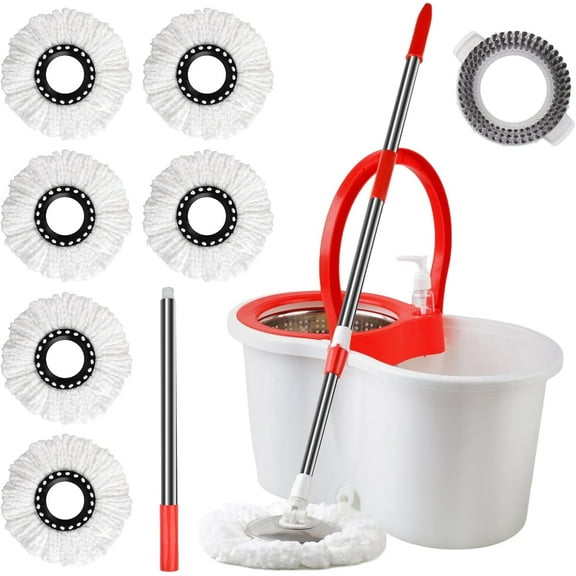 Spin Mop and Bucket with Wringer Set, 360°Spinning Mop Bucket System with 6 Microfiber Mop Floor Scrub Brush and 61" Stainless Steel Adjustable Handle for Floor Cleaning
