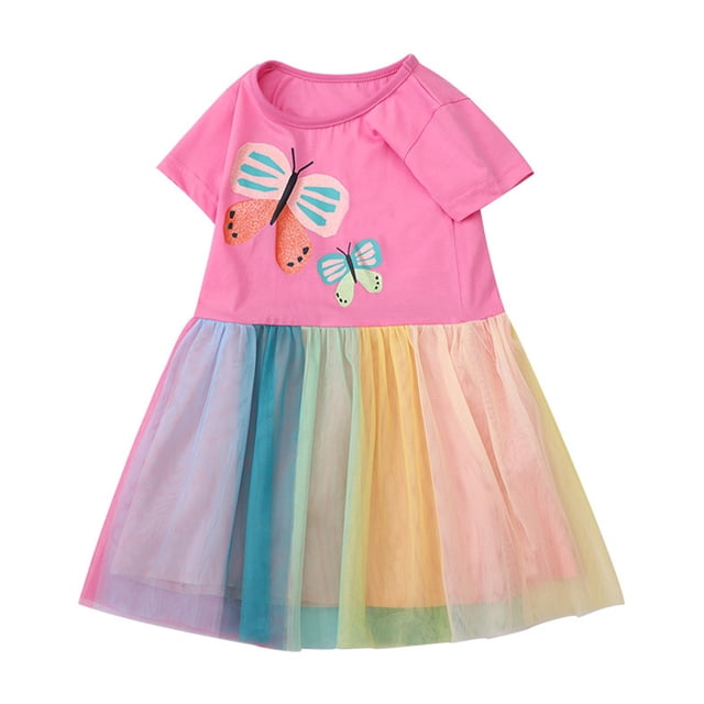 Qudderr Robe Princesse en Tulle Arc-en-Ciel pour Enfants 2-8 Ans Robe Imprimée pour Filles Robe d'Été en Maille pour Bébés Filles Jupe