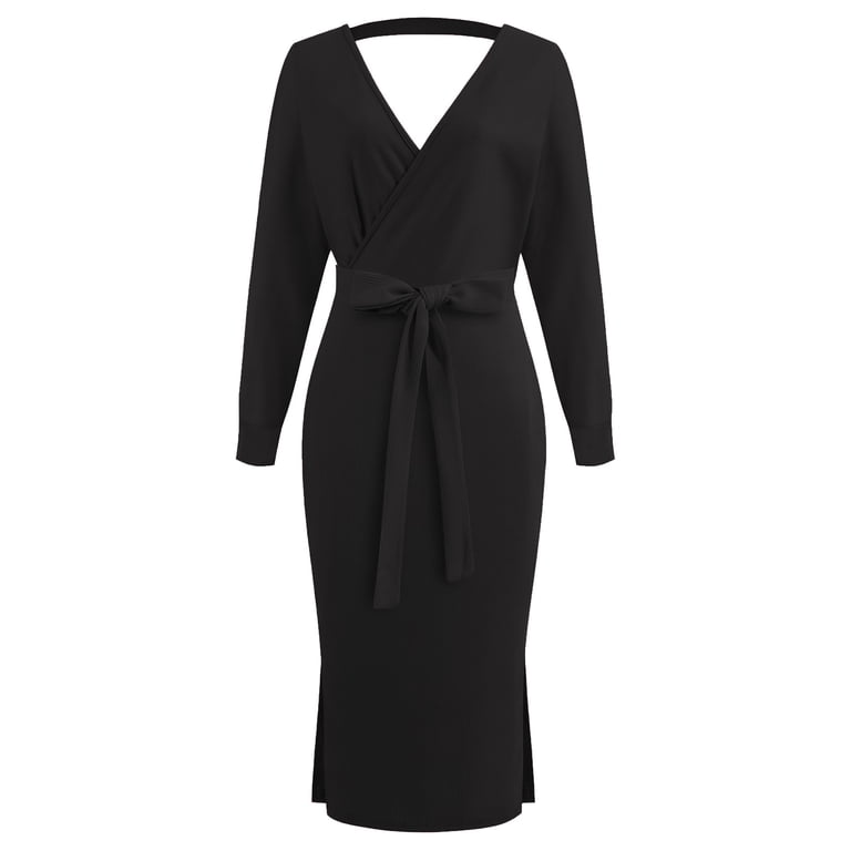 Youmylove Female Knotted Sweater Dress V-Neck Bag Long Sleeve Tie Waist  Knitted Sweater Pencil Dress Autumn Clothes - Walmart.com
