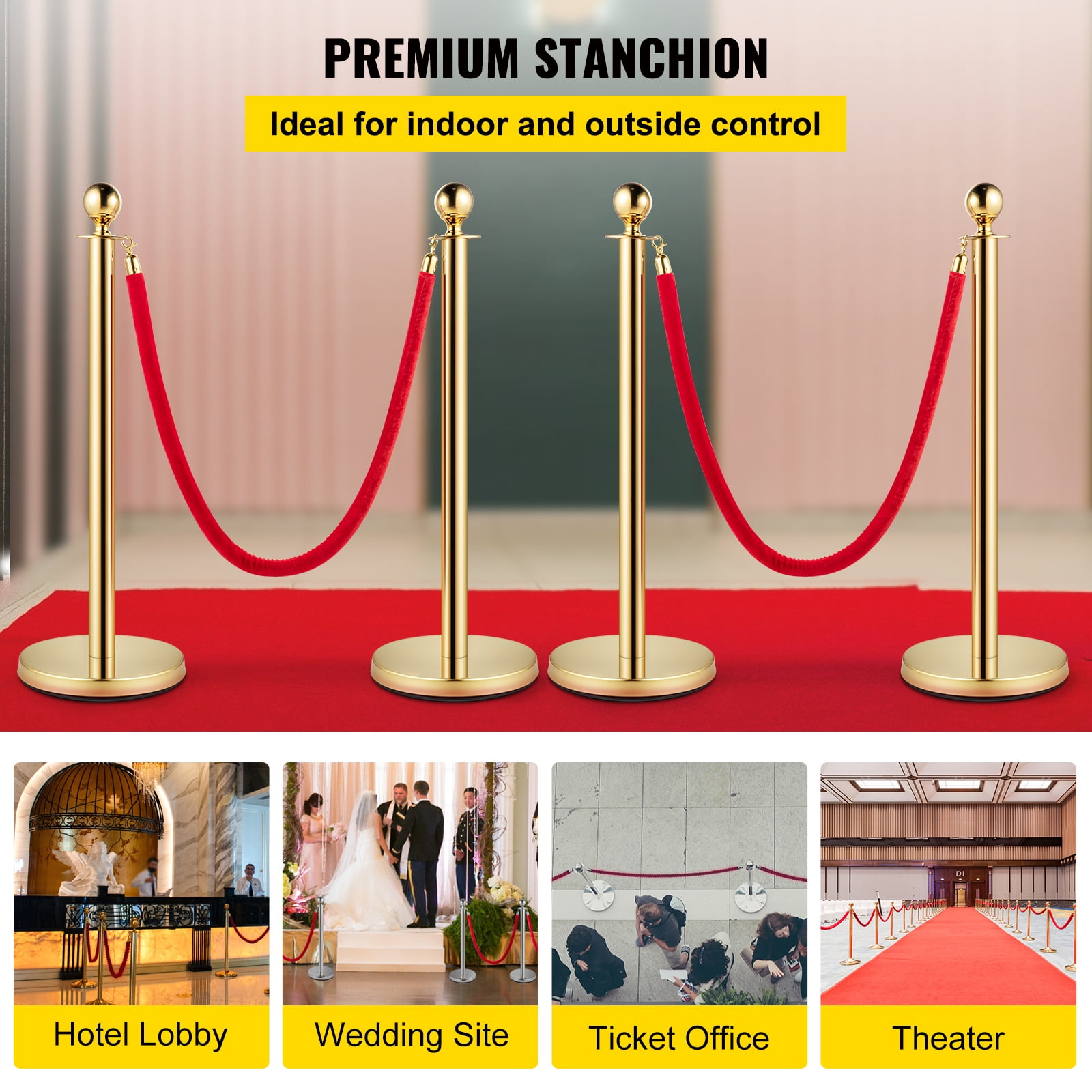 SKYSHALO 4Pcs Stainless Steel Stanchion Posts 2 Red Velvet Ropes Gold 38In Crowd Control Barrier with 5FT Rope for Theaters, Party, Wedding, Exhibition, Ticket Offices, Crowd Control