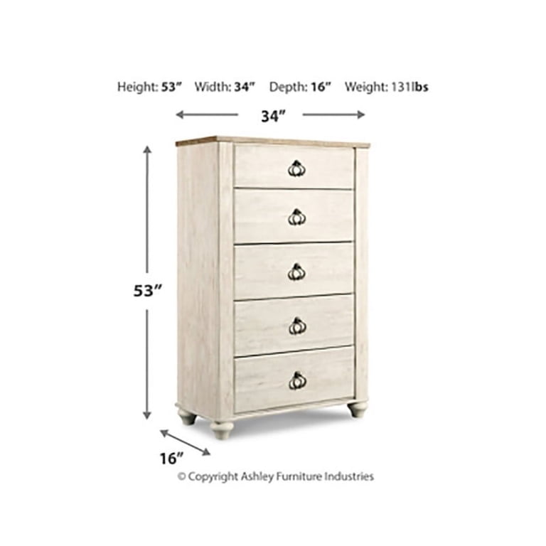 Ashley Furniture Willowton 5 Drawer Bedroom Dresser in White Finish