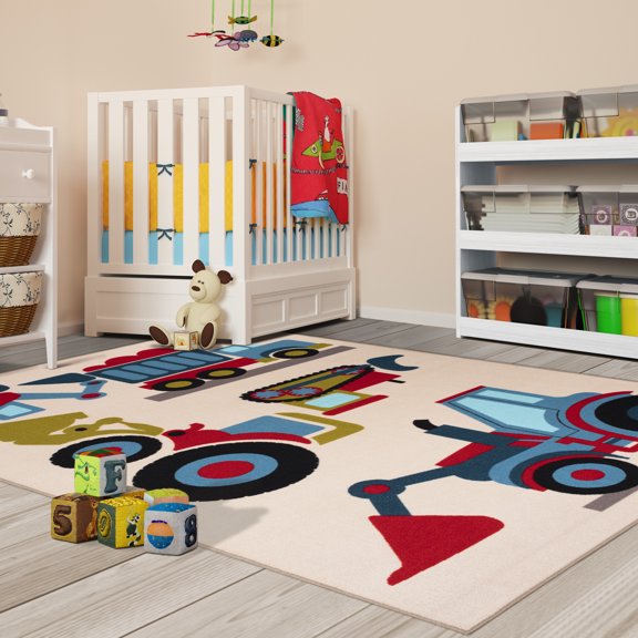 BNM Trucking Kids Washable Indoor Area Rug, 5' x 8', Ivory