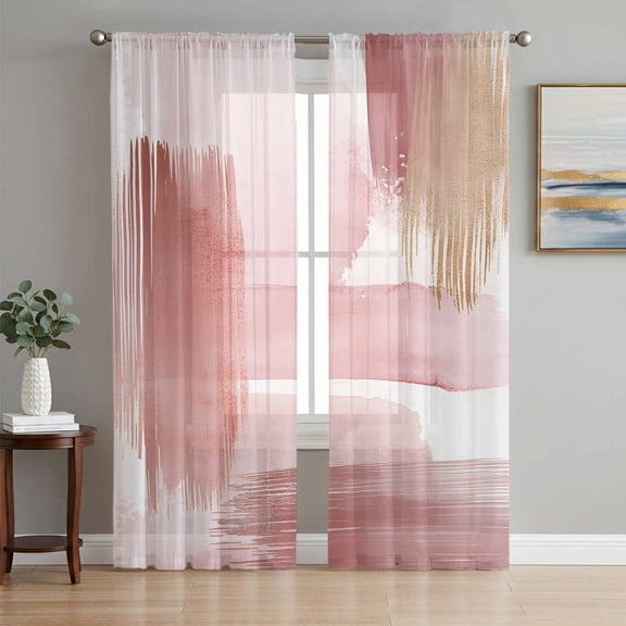 Sheer Curtains 63 Inch Length 2 Panels Set for Bedroom, Pink Abstract Art Semi Sheer Curtains for Windows, Contemporary Luxury Color Block Voile Window Treatments Rod Pocket Curtain