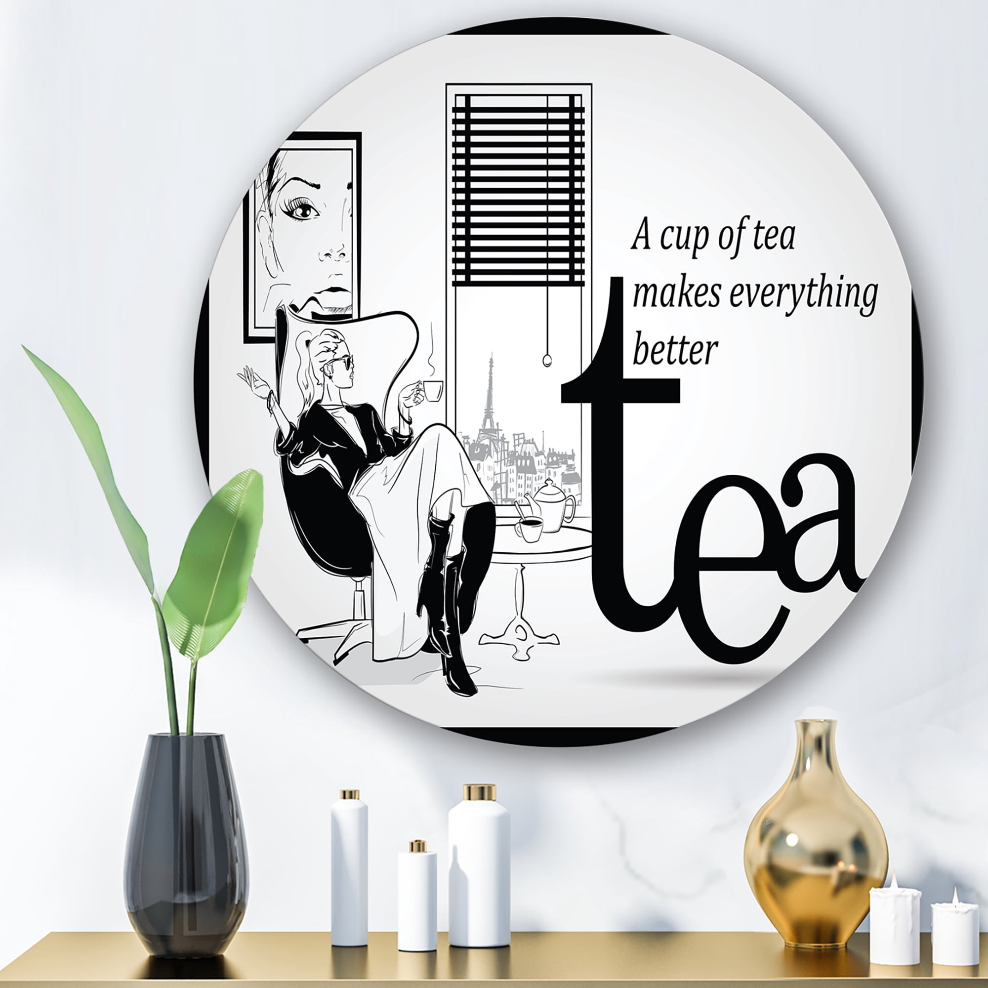 Designart 'Ancient Fashion Girl Drinking A Cup Of Tea' Vintage Circle Metal Wall Art 23x23 - Disc of 23
