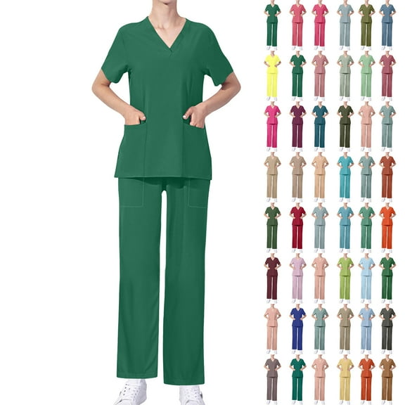 QATAINLAV Scrubs for Women Set 2024 Fall Medical Uniform Casual V-Neck Scrub Top and Loose Straight Pants 2 Piece Outfits with Pockets Beige L Sales Of The Day