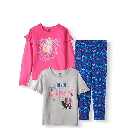 JoJo Siwa Long and Short Sleeve Ruffle Detail Tops and Printed Legging, 3-Piece Outfit Set (Little Girls & Big (Best Outfits For Short Legs)