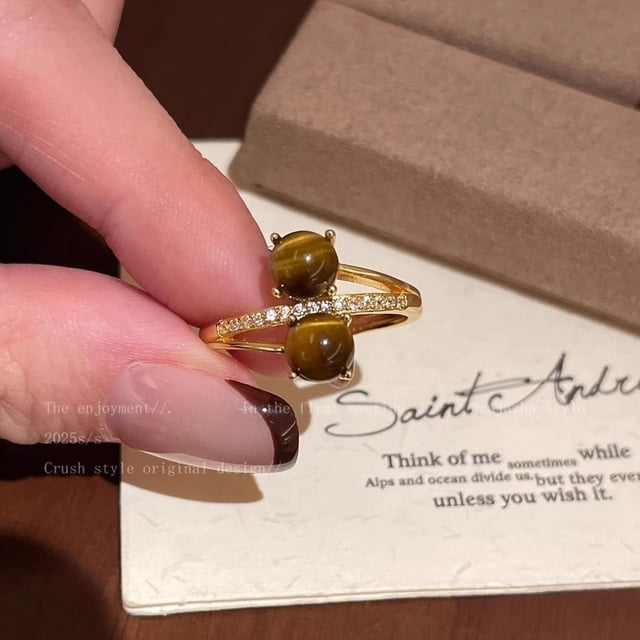 Anillo de oro con piedra ojo de tigre natural y banda ajustable para