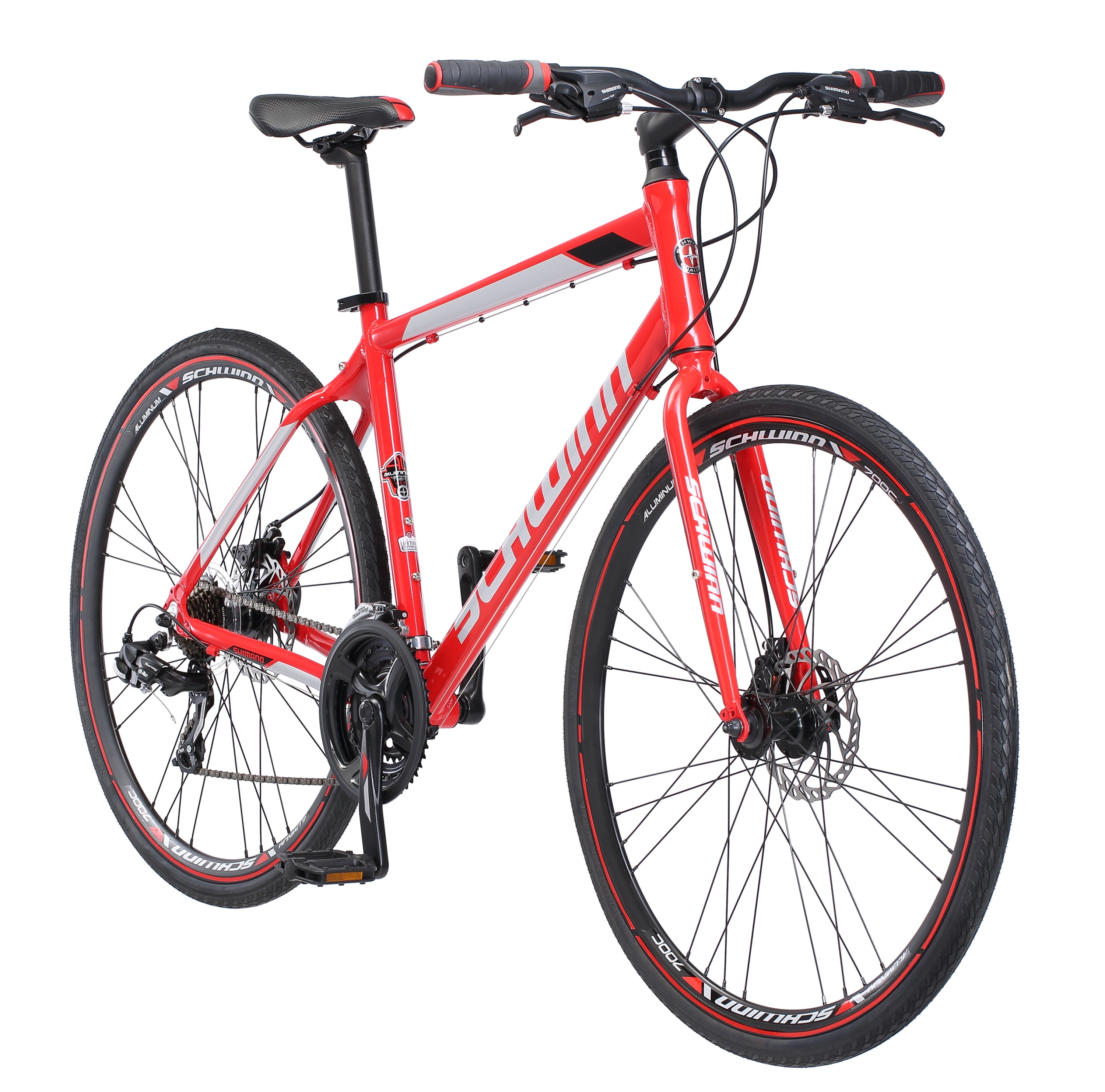 red hybrid bike