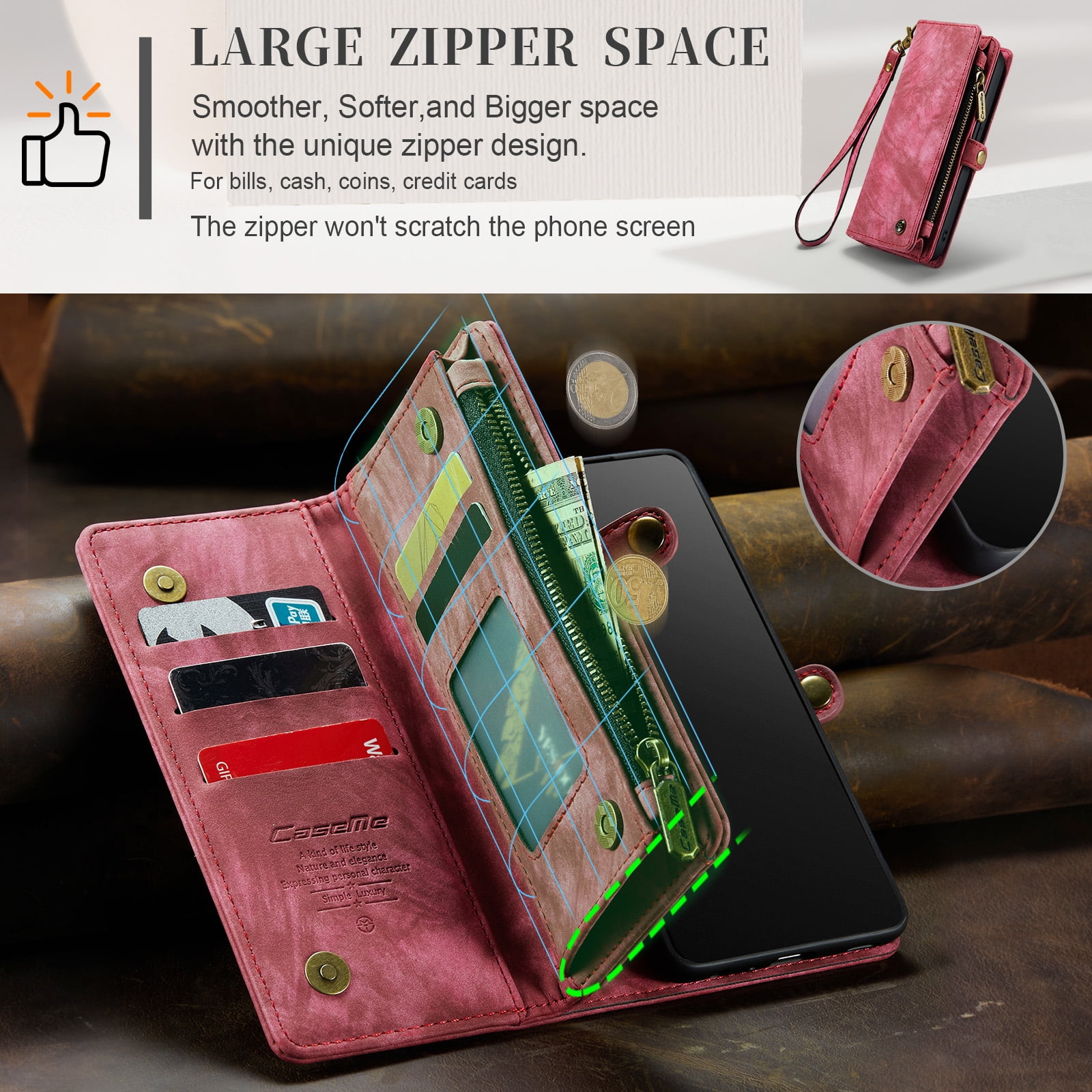 Feishell Durable 2- In-1 Magnetic Detachable Wallet Case for iPhone 16 Pro Max,for Women Men,Premium PU Leather Zipper Pocket Flip Multi Card Slots Purse Phone Case with Wrist Strap,Red