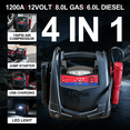 thumbnail image 2 of HPDAVV 1200A Lithium Jump Starter with Air Compressor, 4-in-1 Portable Car Battery Booster, 150 PSI Tire Inflator, USB Power Bank, LED Light, for 12V Vehicles, Gas up to 8.0L & Diesel up to 6.0L, 2 of 6