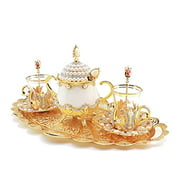 Luxurious Copper and Brass Elegant All in One Serving Set, Tea Pot, Decorated with Crystals and Pearls Resistant to High Temperatures (Porcelain Tea Set)