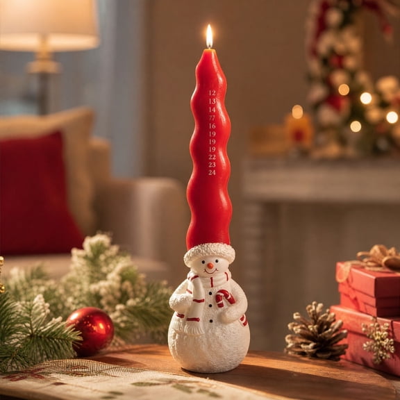 Snowman Advent Countdown Candle, Wavy Red Taper, 1-24 Numbers, Scented Wax Gift Set, 8.27"