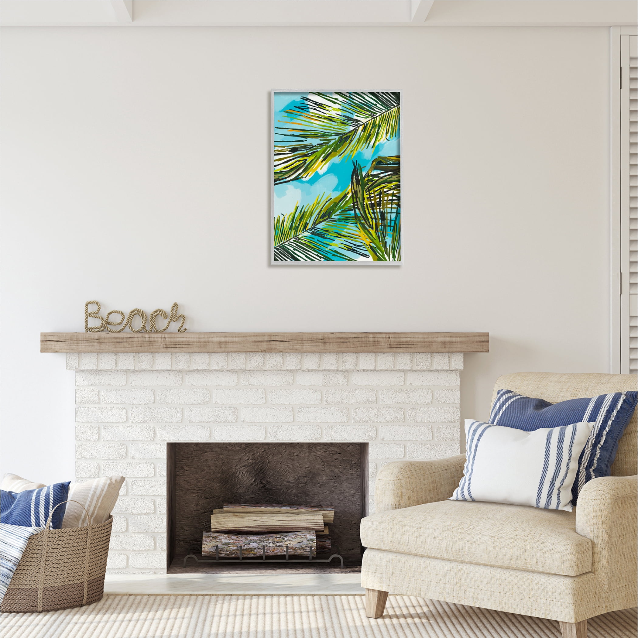 Stupell Industries Palm Leaves Blue Sky Botanical & Floral Painting Gray Framed Art Print Wall Art, 24 x 30