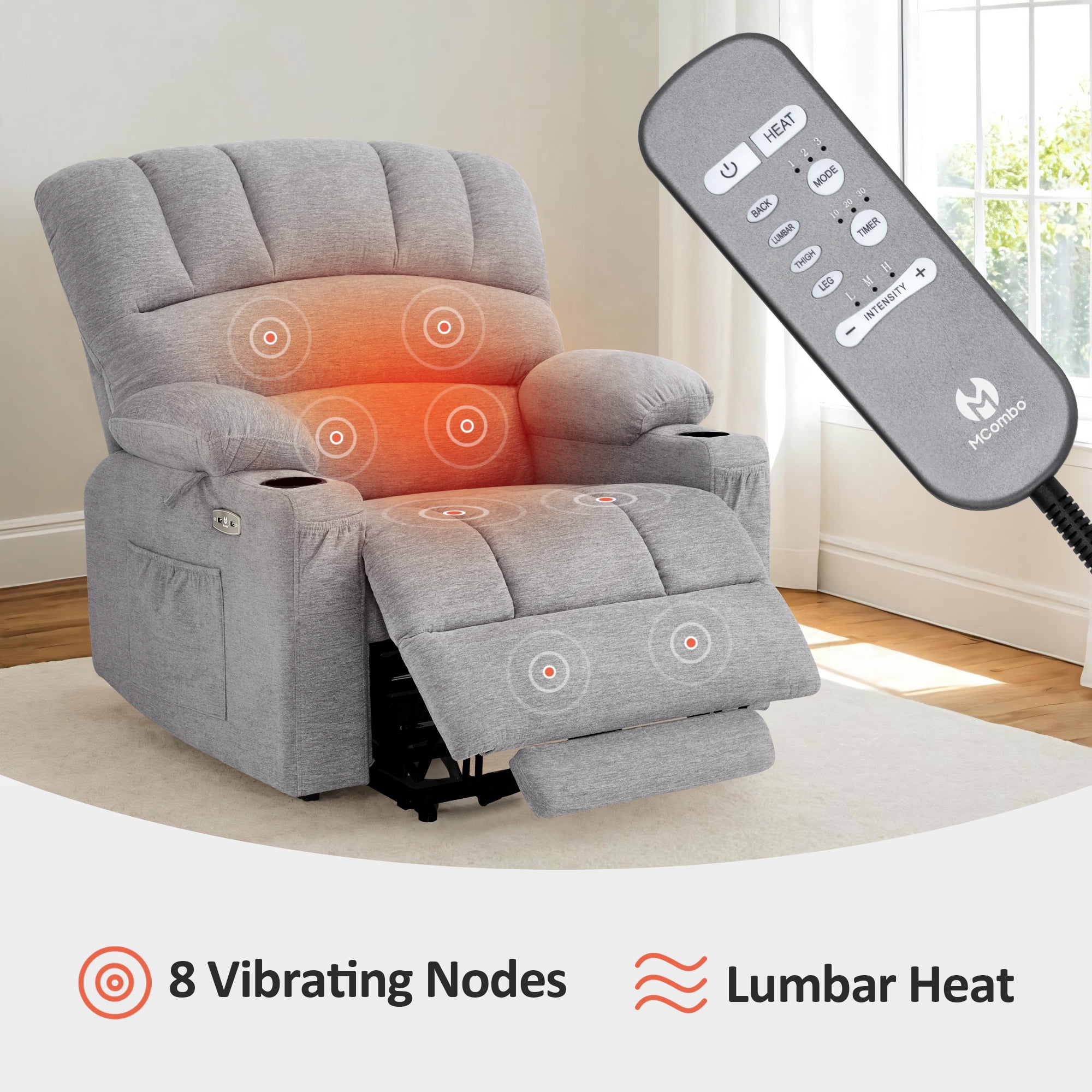 MCombo Oversized Power Lift Recliner Chair, 27.2'' Extra-Wide Seat, Fabric(Medium-Wide, Grey)