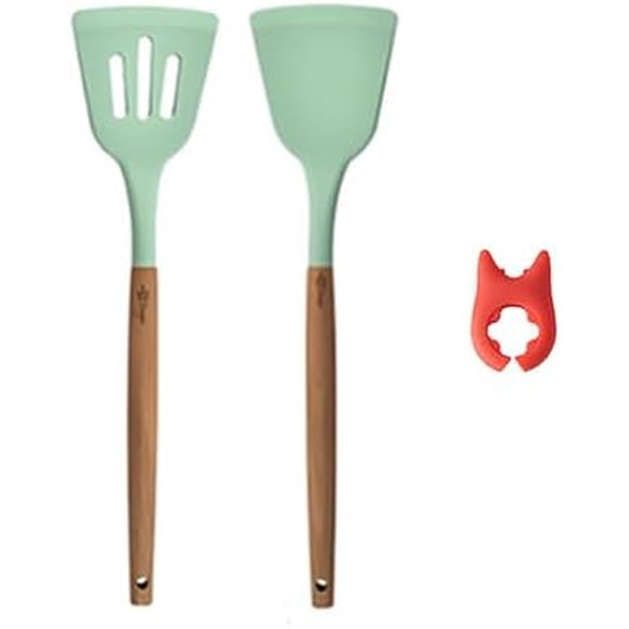 Ziaan - 3 pc Silicone Set Wood Spatula Leaky Shovel Slotted Turner in Green for Cooking, Baking with Handle Clip