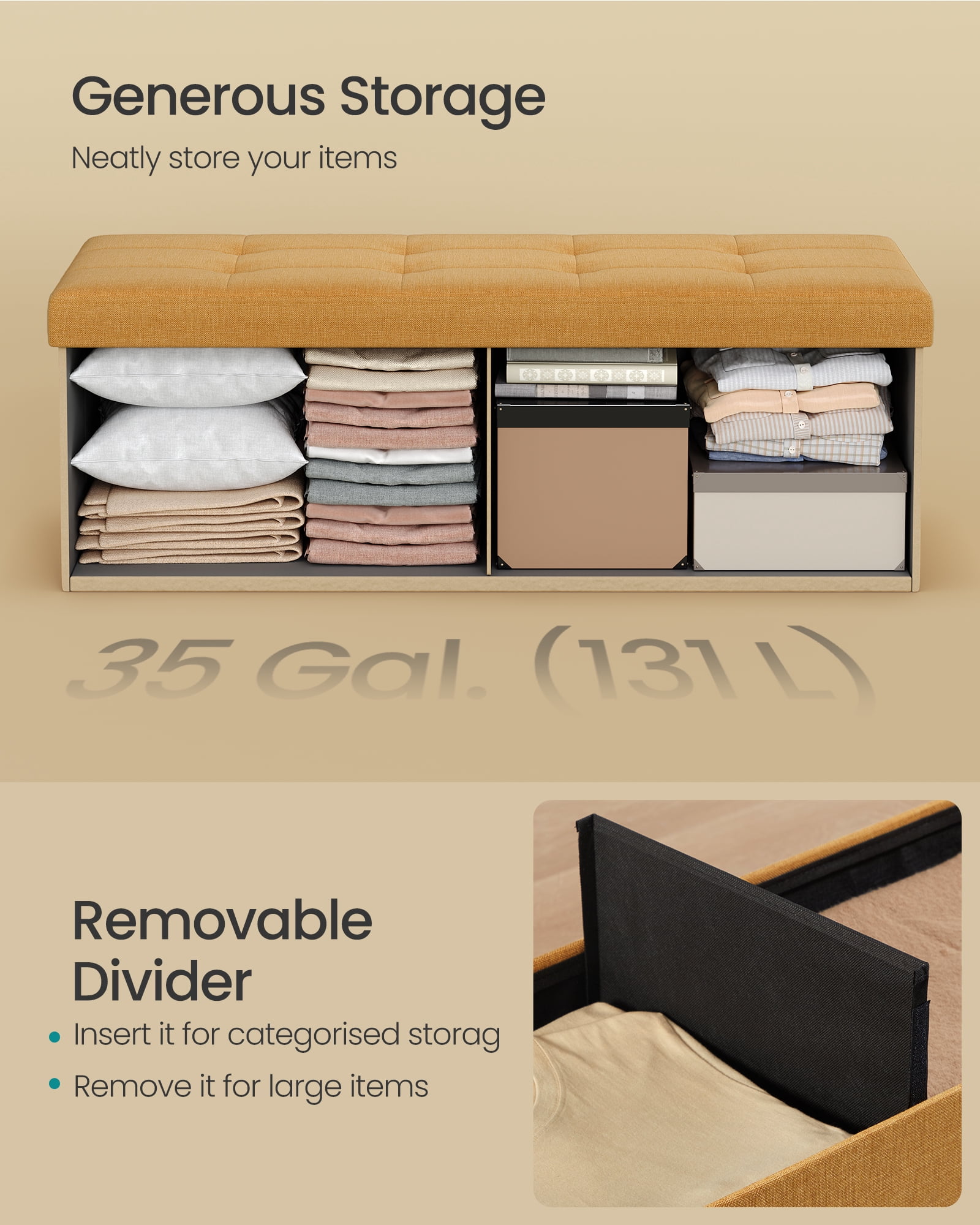 43-Inch Storage Ottoman Bench with Removable Divider, 660 lb Capacity Folding Footrest for Living Room Bedroom, Ginger