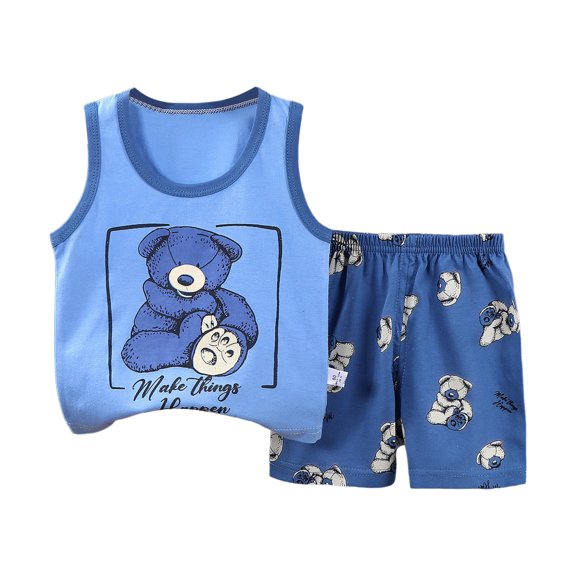 Tisuna Toddler Boys Girls Summer Outfits Cartoon Print Crew Neck Vest And Elastic Waist Shorts Set Breathable Soft Baby Kids 2 Pieces Casual Clothing Set Blue Size 18-24 Months