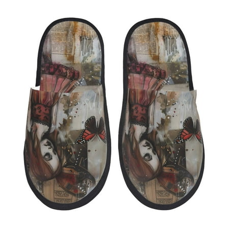 Balery Vintage Collage Girl Butterfly Slient Indoor Furry Fleece Comfort House Shoes Soft Non-Slip Home Shoes Cotton slippers House Slippers-- Large