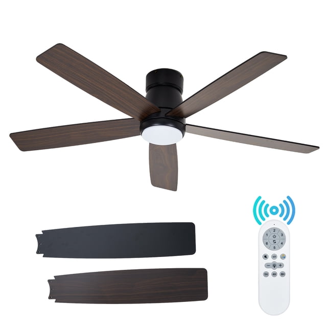 52 Inch Low Profile Ceiling Fan with Light and Remote, Quiet DC Motor 3 Color Dimmable LED, Reversible Blades Flush Mount for Bedroom Living Room, Walnut Matte Black