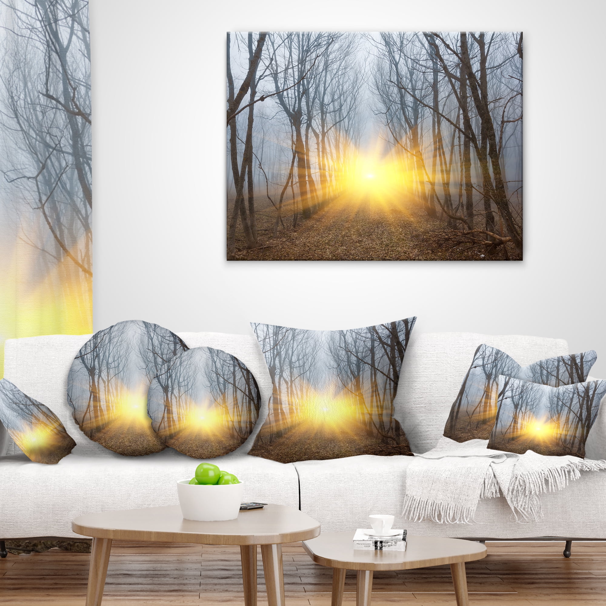 Designart Yellow Sun Rays in Misty Forest - Landscape Photography Throw Pillow - 12x20