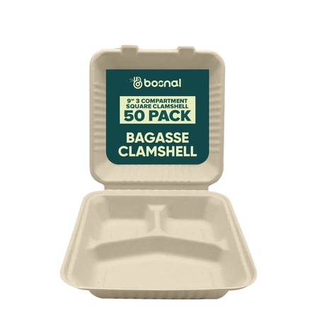 BOSNAL 9 Inch 3-Compartment Bagasse Clamshell Containers (50 Pack) – Compostable, Biodegradable & Eco-Friendly Takeout & Meal Prep Containers