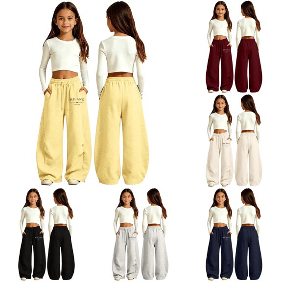 XIYON Girls Sweatpants Kids Baggy Wide Leg Sweatpants Elastic Waist Joggers with Pockets Relaxed Fit Casual Trousers 5-6 Years