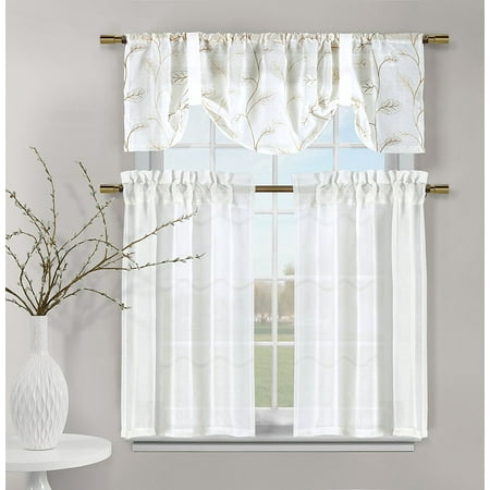 Floral Embroidered Complete  Kitchen  Curtain Set  White 