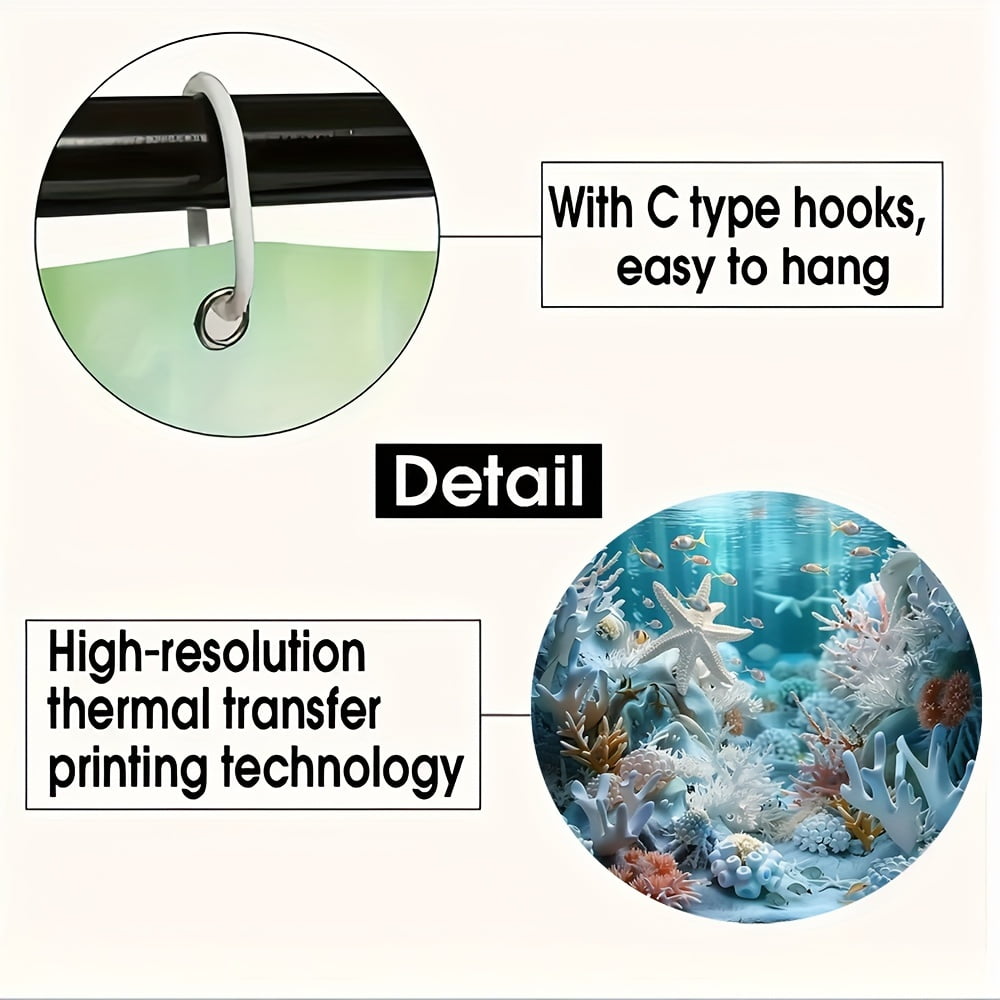 4pcs Ocean Style Shell Starfish Shower Curtain Set Bathroom Set Waterproof Shower Curtains Non-Slip Floor Mat Toilet Seat Cover, Bath Mat and 12 Plastic Hooks Bathroom Accessories Home Decor