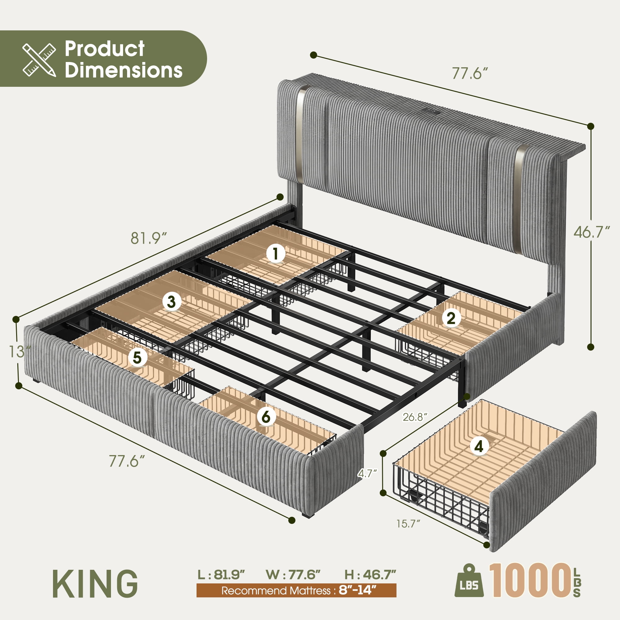 Upholstered Bed Frame with 6 Storage Drawers King Size Storage Bed Frame with LED Lights & Charge Station & Shelf & Adjustable Headboard,Grey