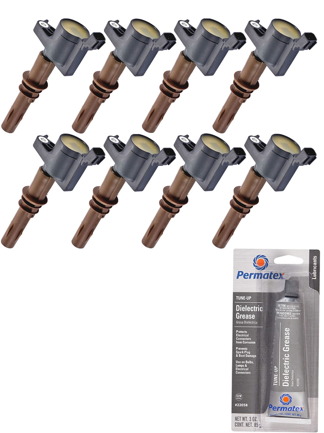 Set of 8 Ignition Coils with Brown Boot and Permatex 22058 Dielectric