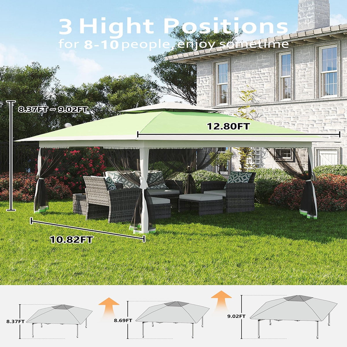 Ataucjin 13x13  Gazebo, Outdoor Canopy Tent with Mosquito Net, Height Adjustable Canopy Gazebo, Large Shade Tent for Camping, Lawn, Backyard, Garden, Patio
