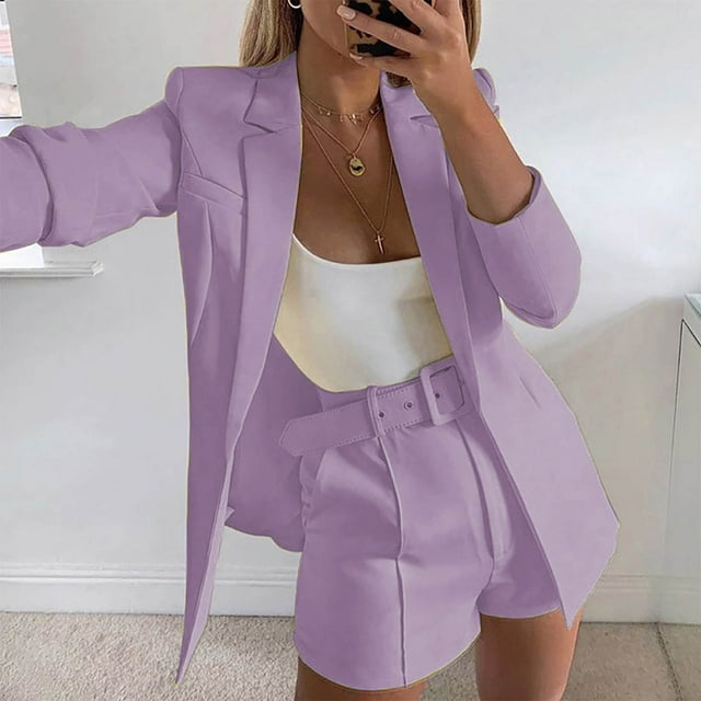 Puntoco moda mujer Color sólido manga larga cuello vuelto abrigo pantalón corto Casual pantalones cinturón conjunto de tres piezas liquidación Puntoco Puntoco-811