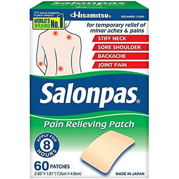 Salonpas Pain Relieving Patch For Back, Neck, Shoulder, Knee Pain And Muscle Soreness - 8 Hour Pain Relief - 60 Count
