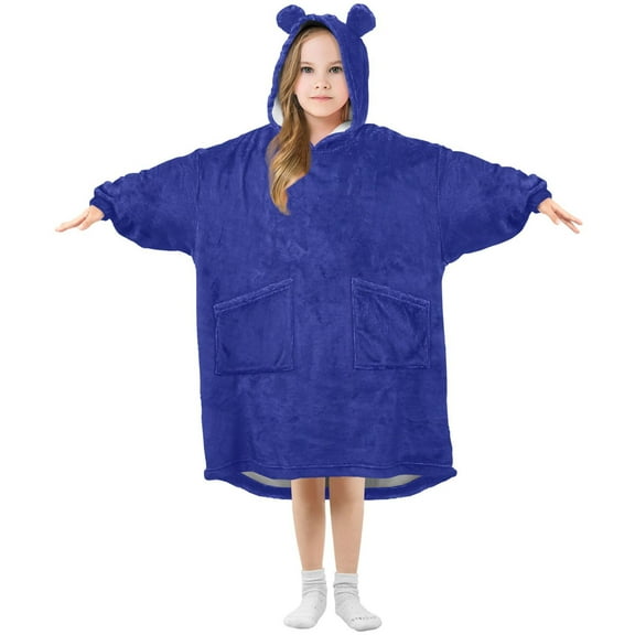joogoo Wearable Blanket Hoodie for Kids Navy Flannel Oversized Sweatshirt 3-14 Years S