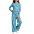thumbnail image 4 of QTBIUQ Girls Two-Piece Fall Set Long-Sleeve Fitted Crop Top and Elastic Waist Wide-Leg Pants Casual Outfit Set, 4 of 6