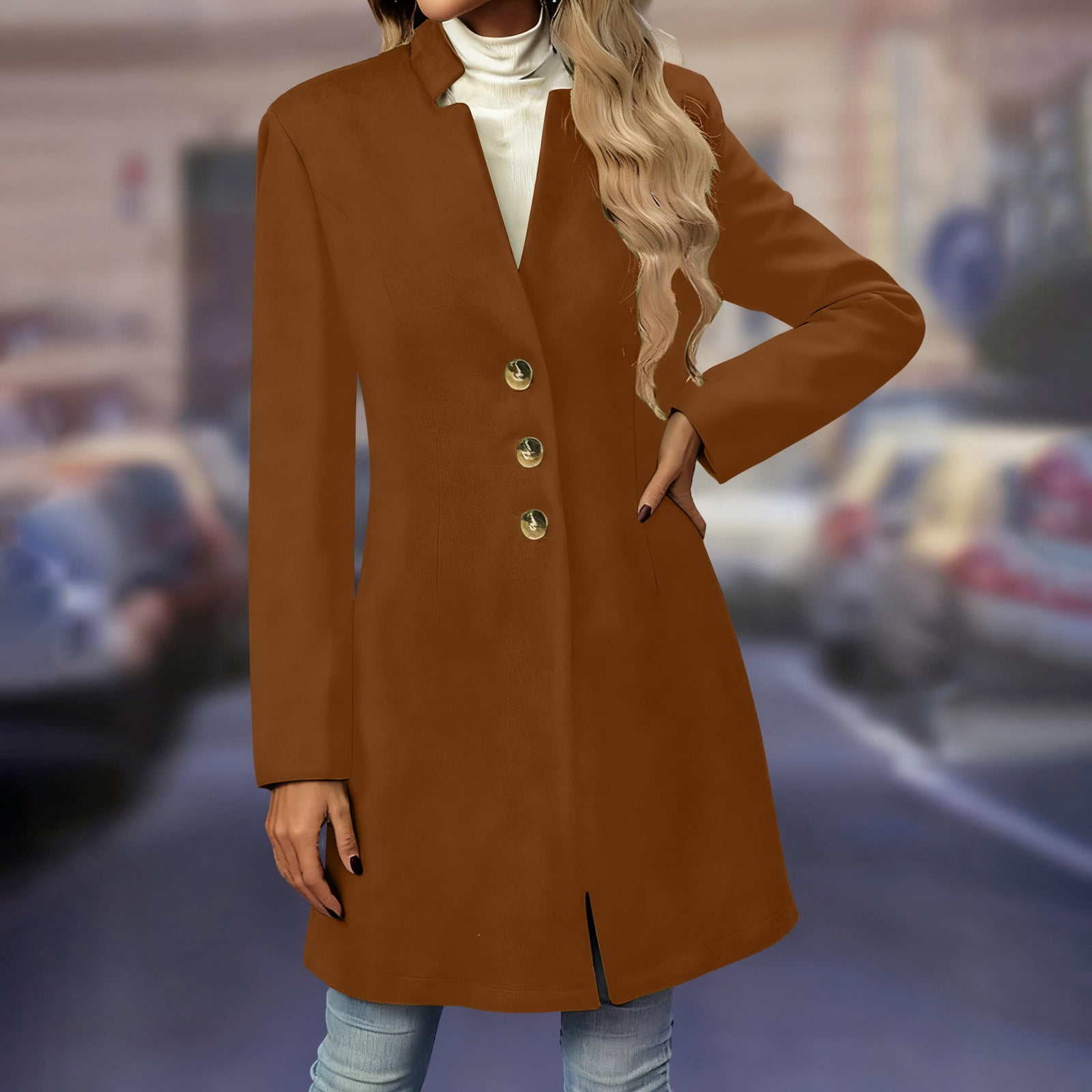 Women's Winter Wool Blend Camel Mid-Long Coat Casual Single-Breasted Lapel Jacket Outwear With Pockets