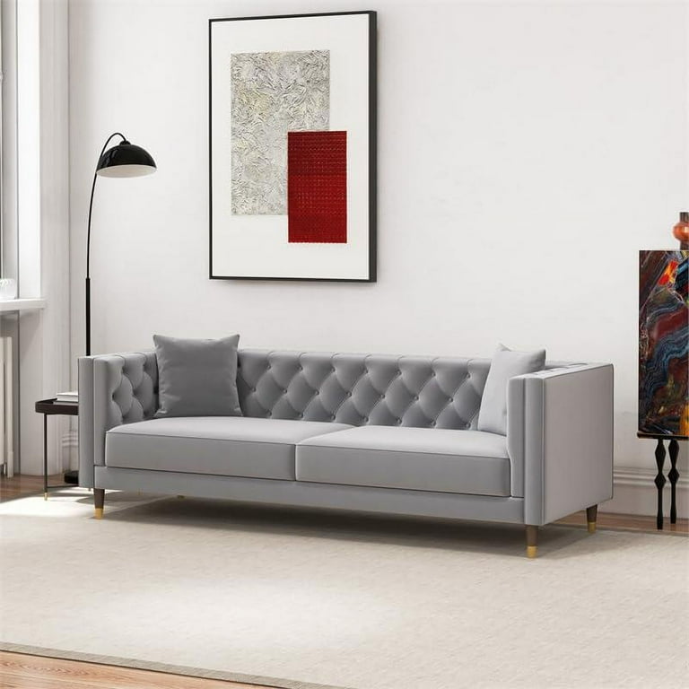 Ashcroft Lana Tufted Velvet Upholstered Couch in Light Gray