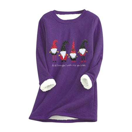 

Women Thick Fleece Sweatshirt Christmas Print Velvet Warm Crew Neck Underwear Top Thermal Pajamas Tops