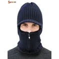 thumbnail image 2 of Spencer 2 In 1 Men Winter Warm Balaclava Beanie Hat Scarf Knit Caps Windproof Conjoined Sleeve Wool Cap Zipper Neck Warmer Ear Protector "Navy Blue", 2 of 8