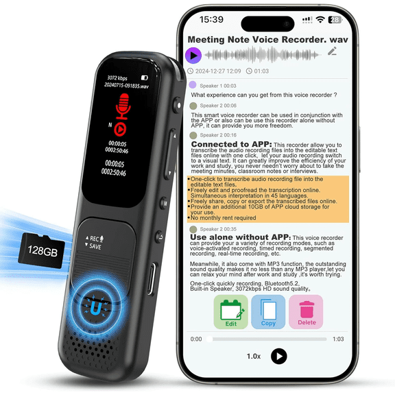 128GB Digital Voice Recorder with App, 3072kbps Portable Voice Recorder with Transcription and Summary, Recording Device with Playback